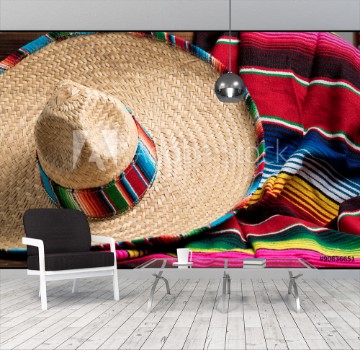 Picture of Mexican Sobrero and Serape blanket on yellow background with cop